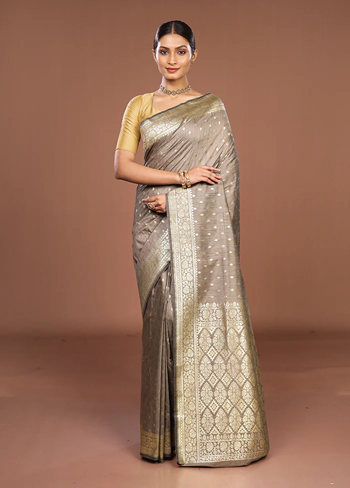 Grey Tussar Silk Saree With Blouse Piece - Image 2