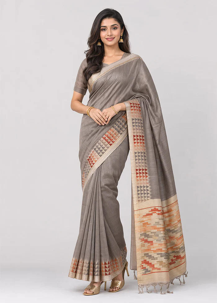 Grey Tussar Silk Saree With Blouse Piece
