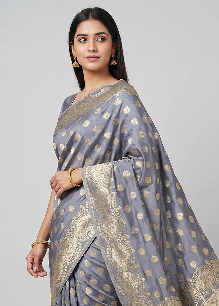 Grey Uppada Silk Saree With Blouse Piece - Image 2