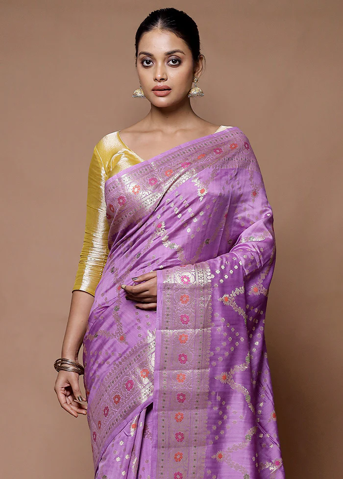Lavender Handloom Dupion Pure Silk Saree With Blouse Piece - Image 2