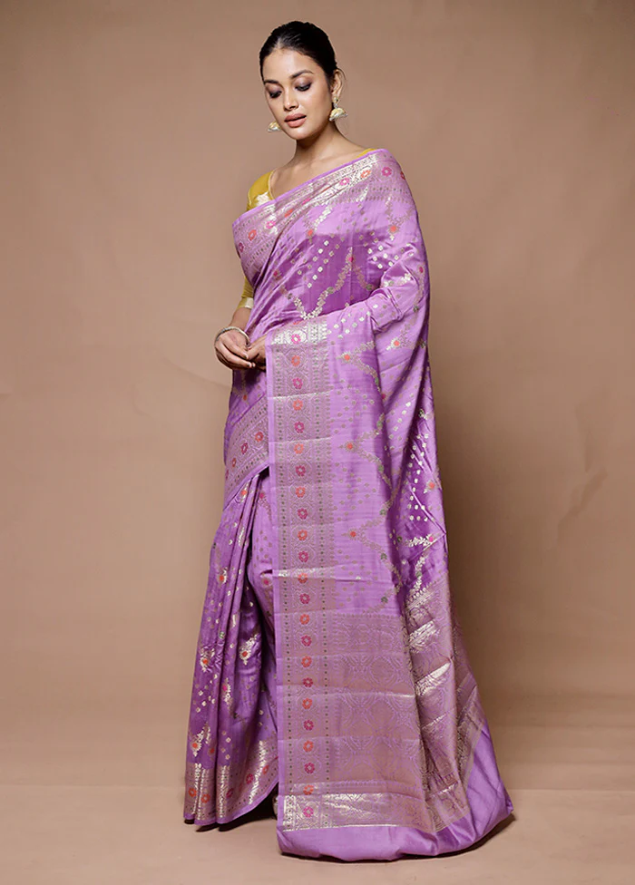 Lavender Handloom Dupion Pure Silk Saree With Blouse Piece - Image 4