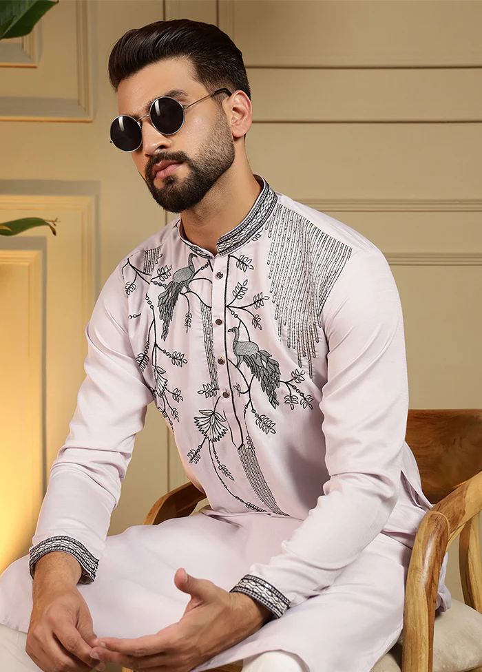 Lavender Silk Kurta & Pajama Set - Image 2