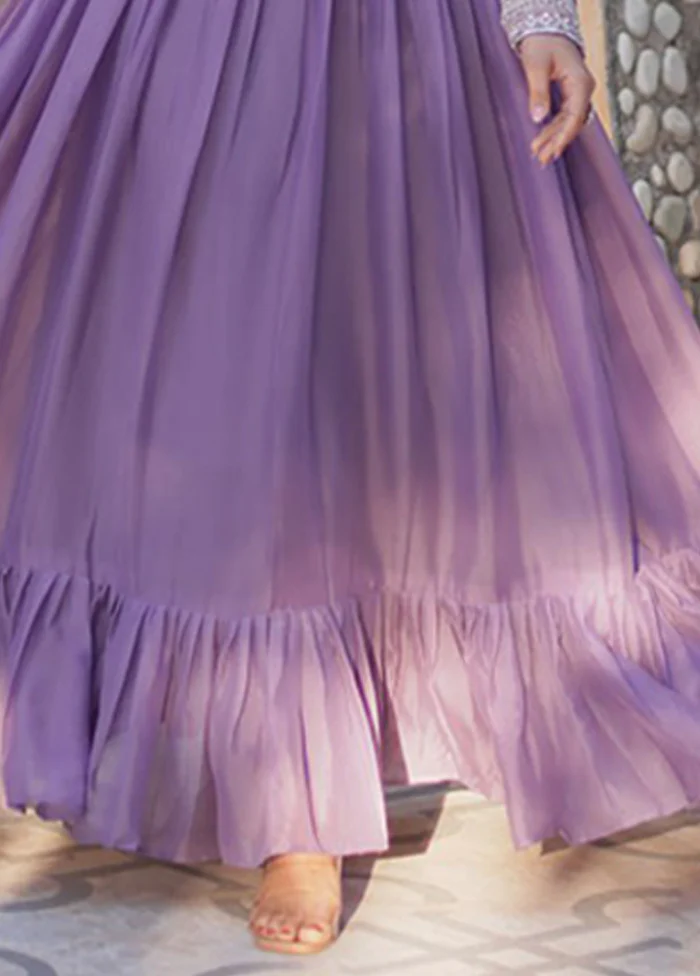 Lavender Woven Work Georgette Gown With Dupatta - Image 3