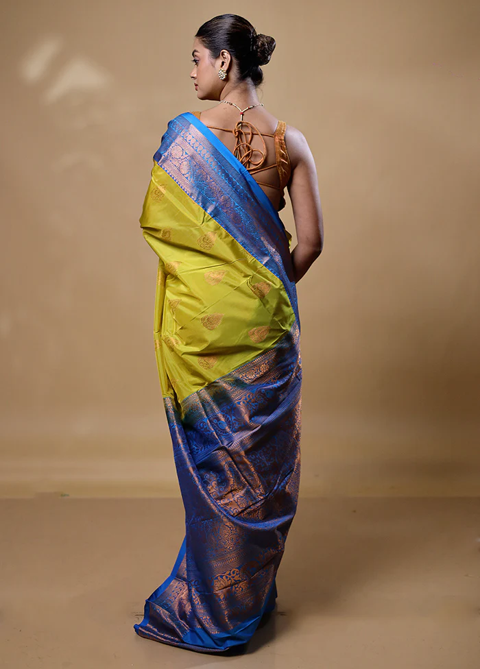 Lemon Yellow Kanjivaram Silk Saree With Blouse Piece - Image 3