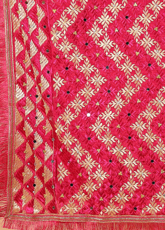 Magenta Chinon Phulkari Work Dupatta - Image 3
