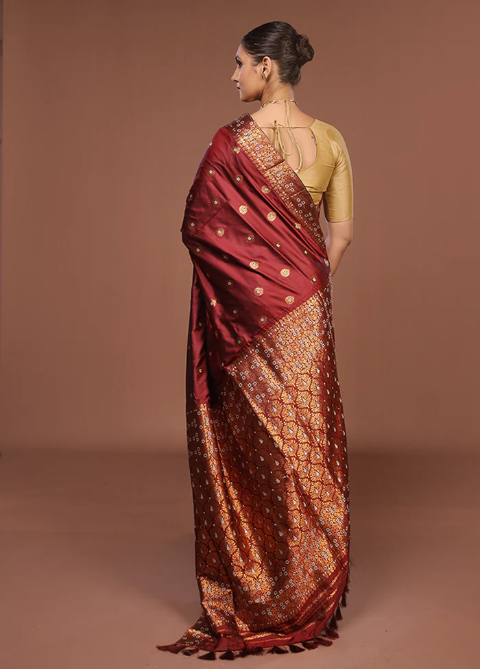 Maroon Assam Silk Saree With Blouse Piece - Image 3