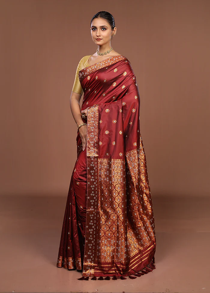 Maroon Assam Silk Saree With Blouse Piece - Image 4