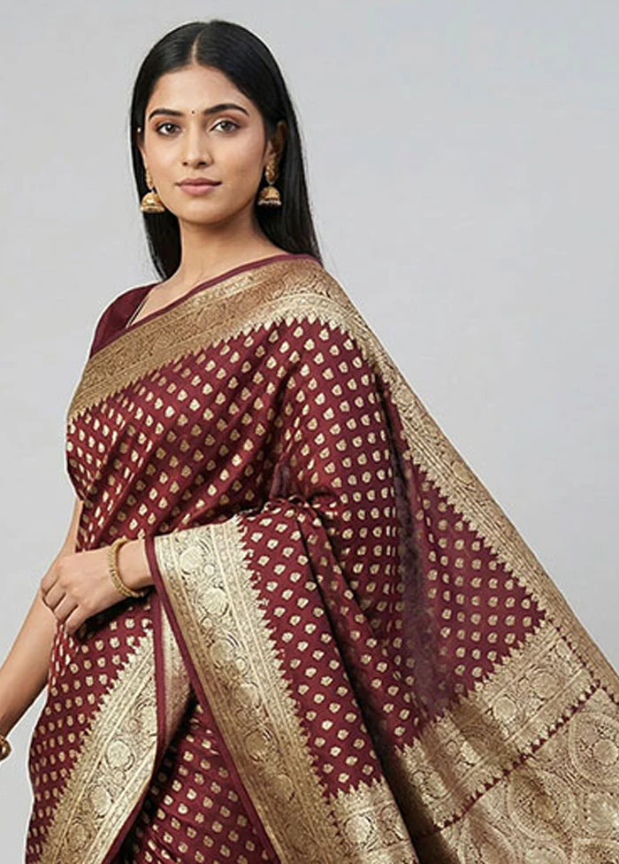 Maroon Banarasi Silk Saree With Blouse Piece - Image 2