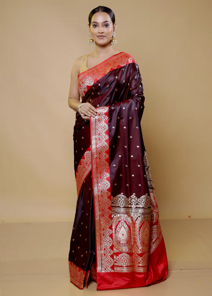 Maroon Banarasi Silk Saree With Blouse Piece - Image 2