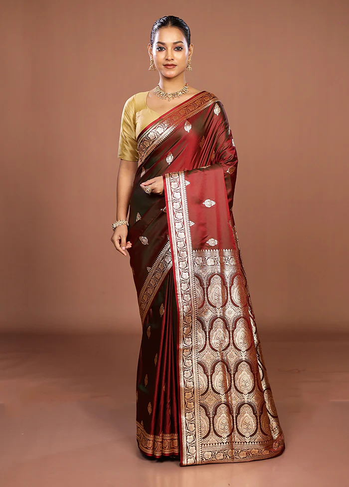 Maroon Banarasi Silk Saree With Blouse Piece - Image 2