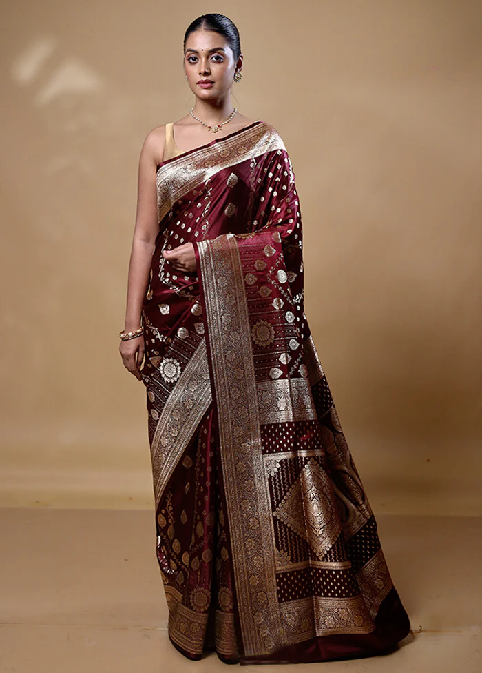 Maroon Banarasi Silk Saree With Blouse Piece - Image 2