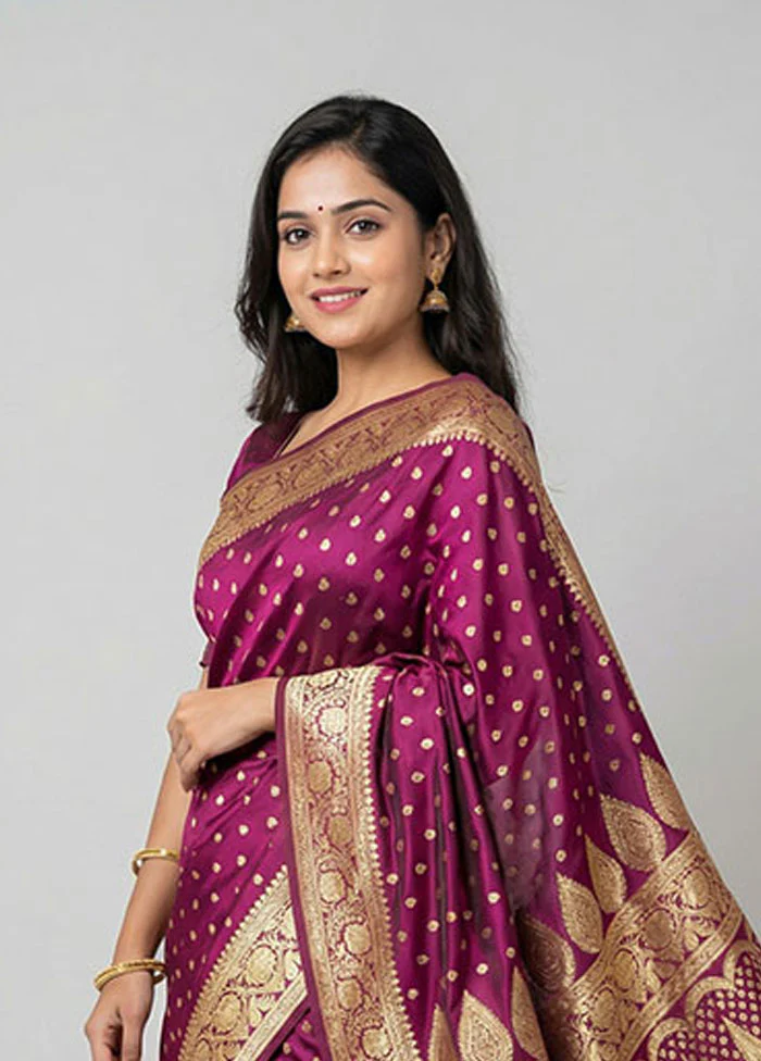 Maroon Banarasi Silk Saree With Blouse Piece - Image 2