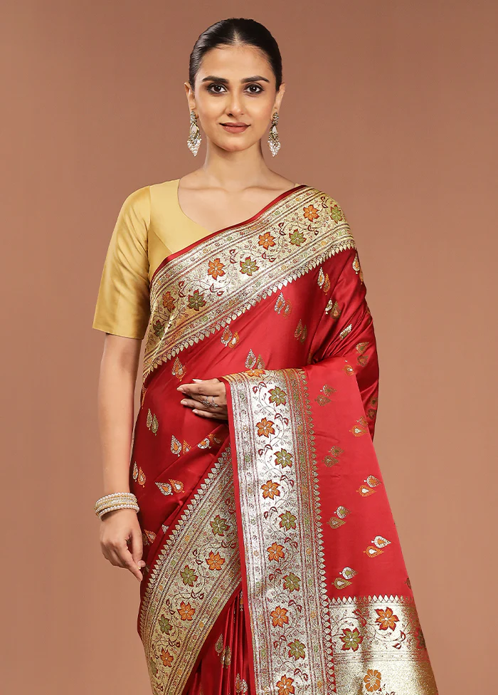 Maroon Banarasi Silk Saree With Blouse Piece
