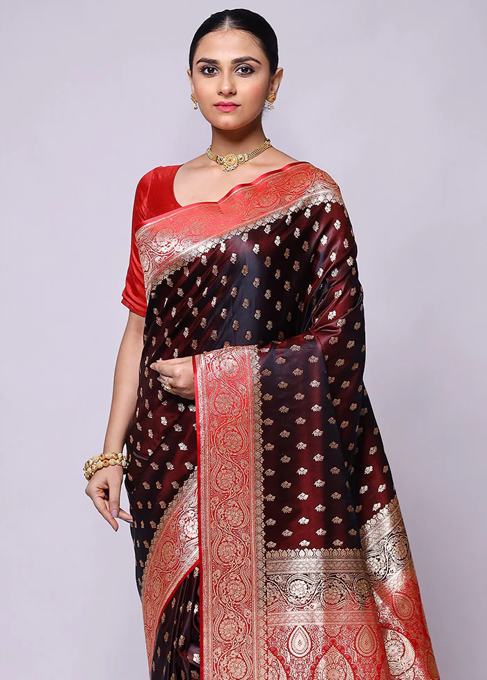 Maroon Banarasi Silk Saree With Blouse Piece - Image 2