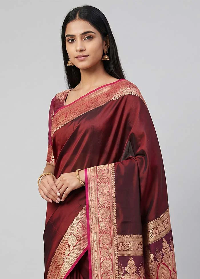 Maroon Banarasi Silk Saree With Blouse Piece - Image 2