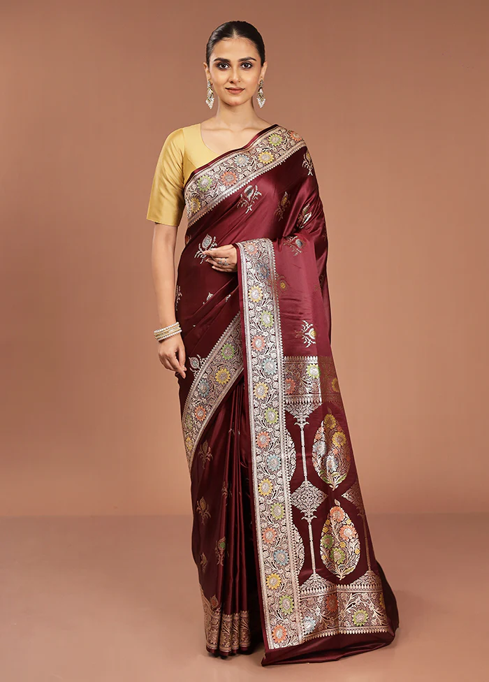 Maroon Banarasi Silk Saree With Blouse Piece - Image 2