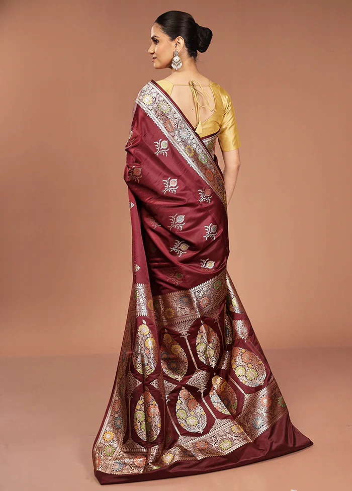 Maroon Banarasi Silk Saree With Blouse Piece - Image 3