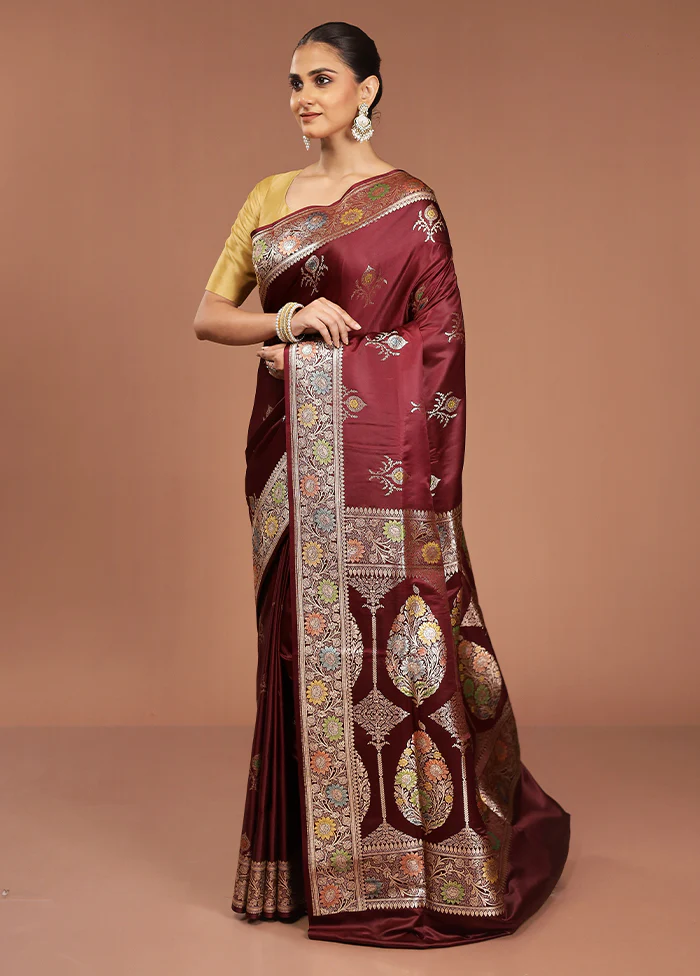 Maroon Banarasi Silk Saree With Blouse Piece - Image 4