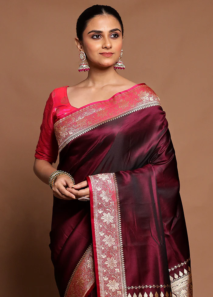 Maroon Banarasi Silk Saree With Blouse Piece - Image 2