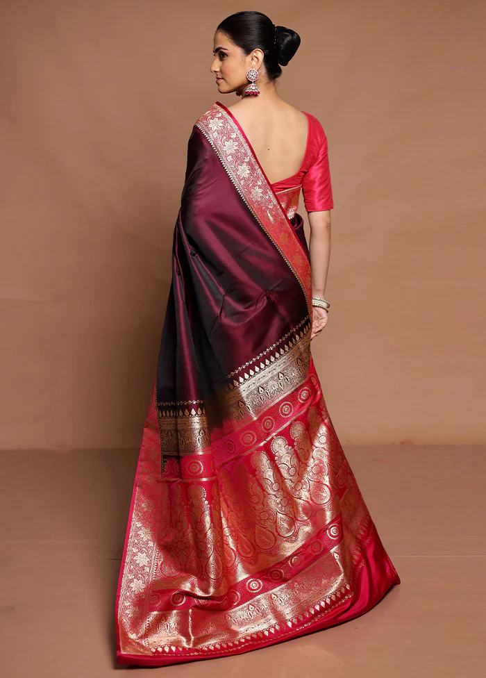 Maroon Banarasi Silk Saree With Blouse Piece - Image 3
