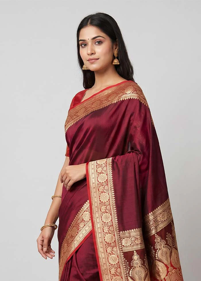 Maroon Banarasi Silk Saree With Blouse Piece - Image 2
