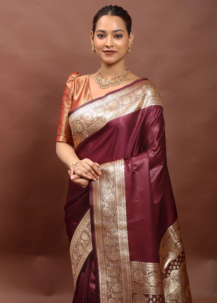 Maroon Banarasi Silk Saree With Blouse Piece - Image 2