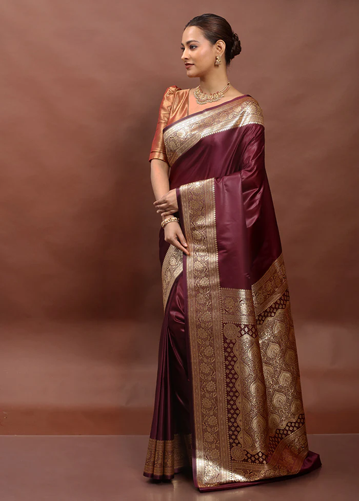 Maroon Banarasi Silk Saree With Blouse Piece - Image 4