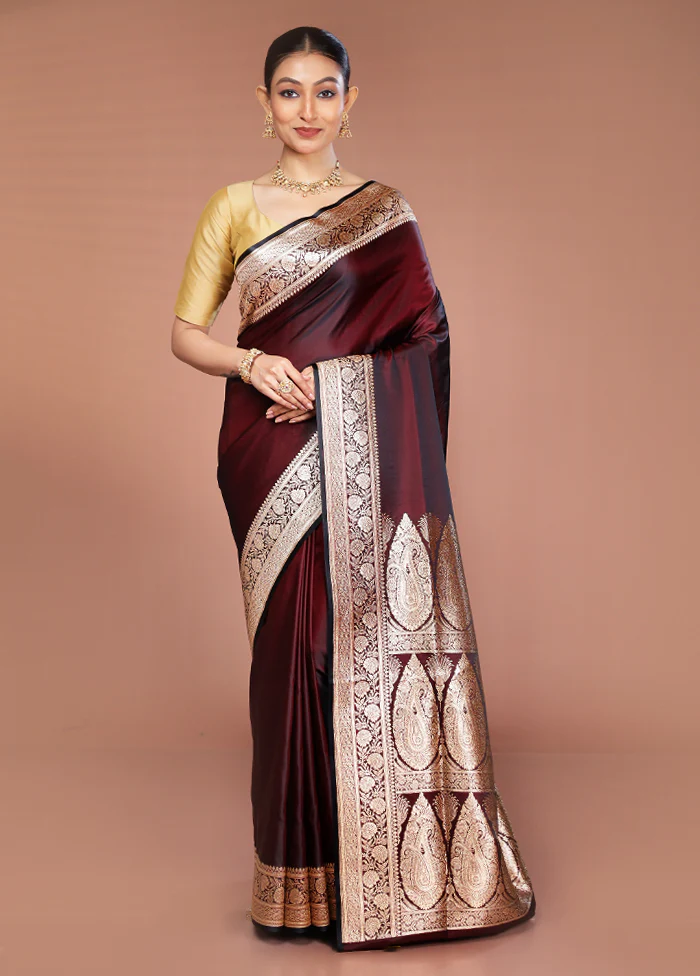 Maroon Banarasi Silk Saree With Blouse Piece - Image 2