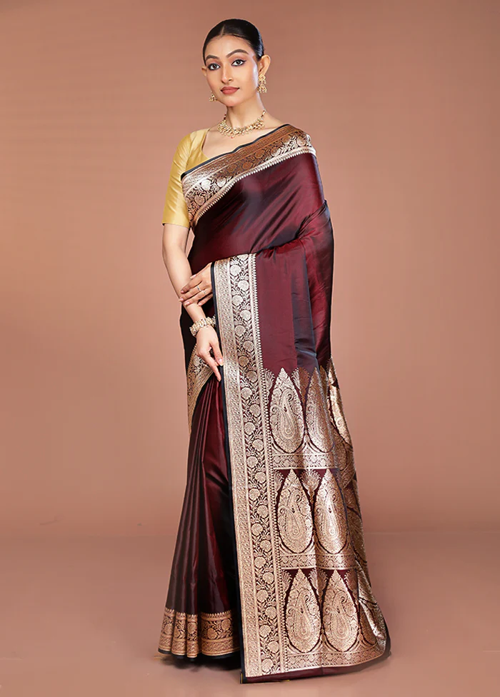 Maroon Banarasi Silk Saree With Blouse Piece - Image 4