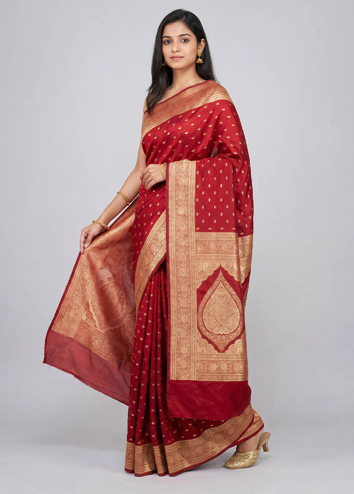 Maroon Banarasi Silk Saree With Blouse Piece