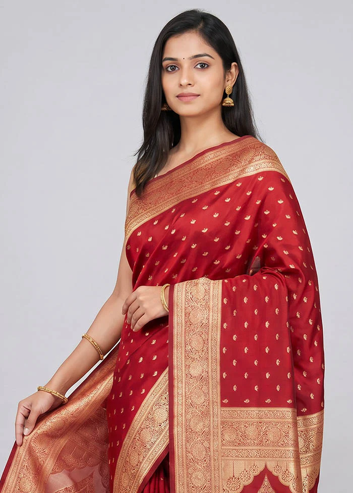 Maroon Banarasi Silk Saree With Blouse Piece - Image 2