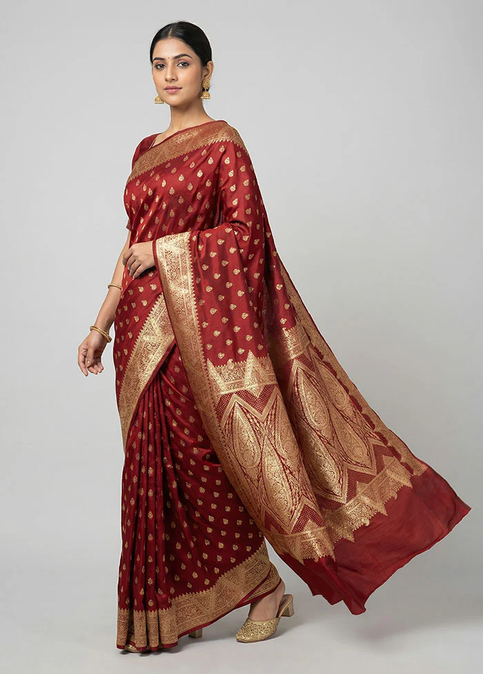 Maroon Banarasi Silk Saree With Blouse Piece