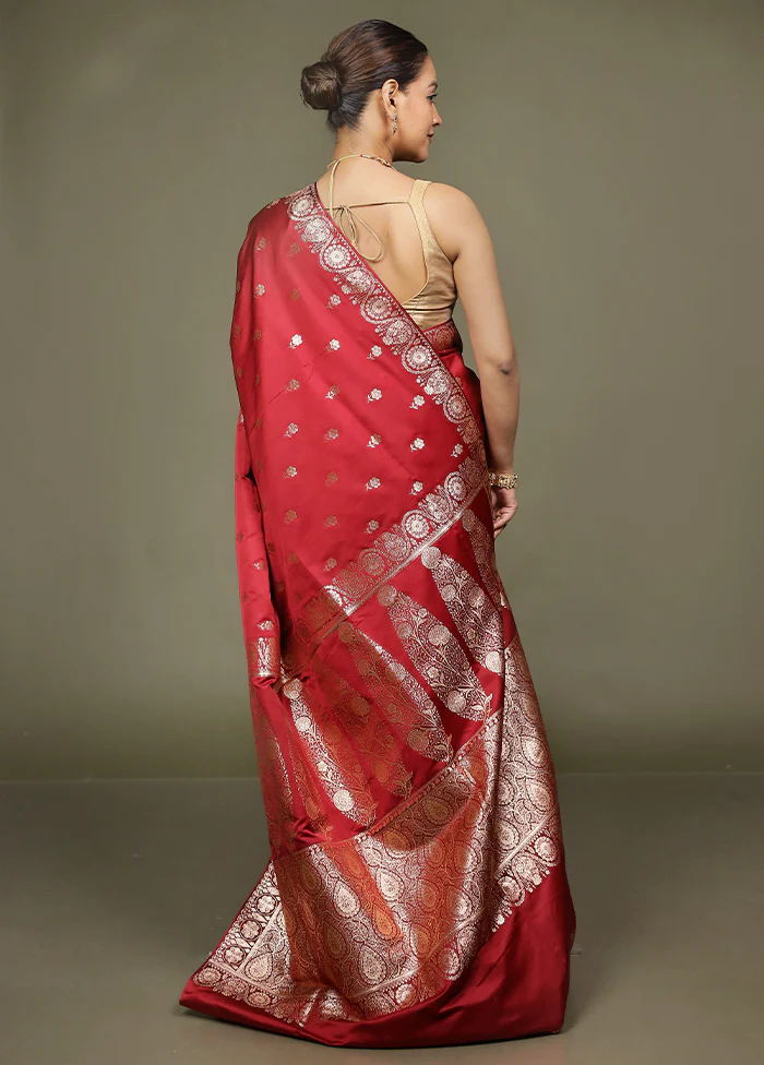 Maroon Banarasi Silk Saree With Blouse Piece - Image 3