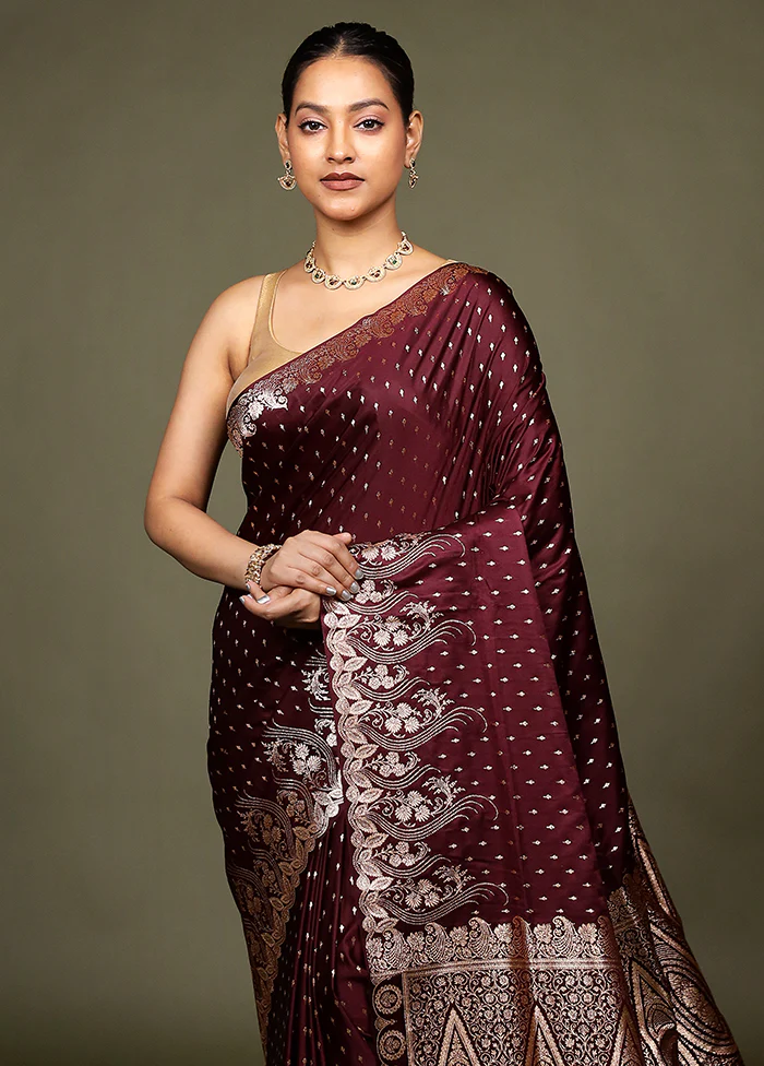 Maroon Banarasi Silk Saree With Blouse Piece