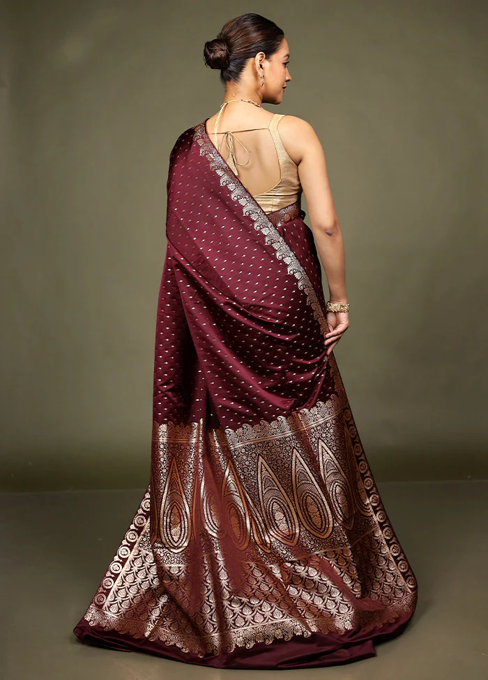 Maroon Banarasi Silk Saree With Blouse Piece - Image 3