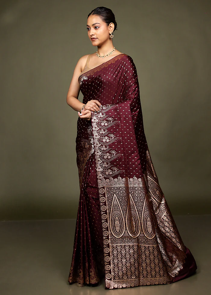 Maroon Banarasi Silk Saree With Blouse Piece - Image 4