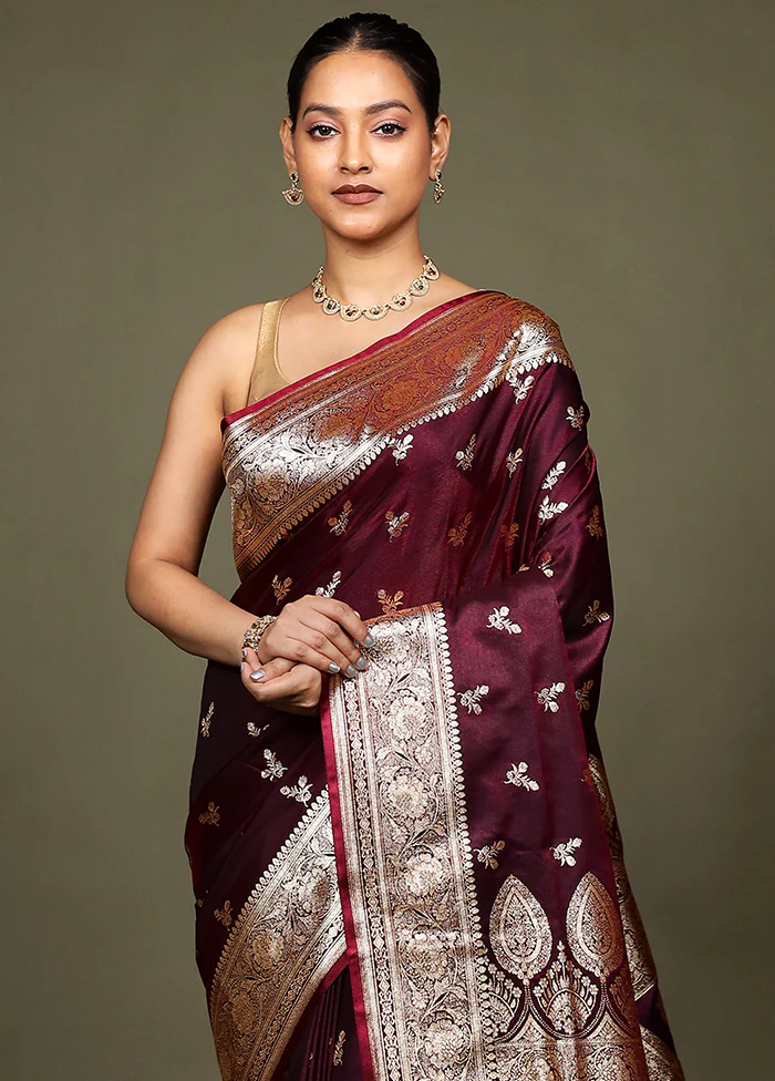 Maroon Banarasi Silk Saree With Blouse Piece