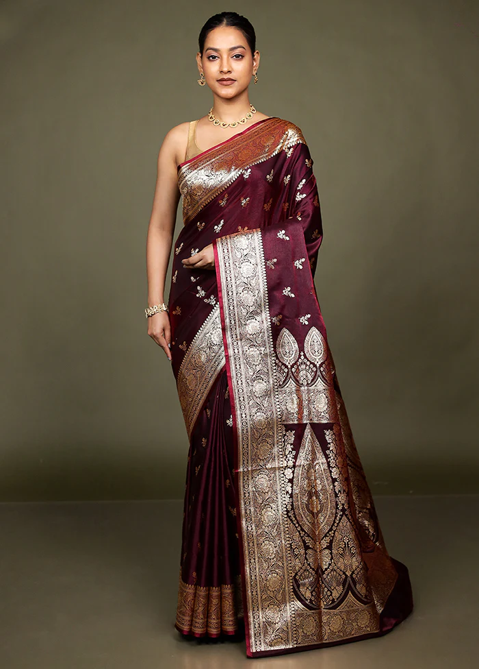 Maroon Banarasi Silk Saree With Blouse Piece - Image 2
