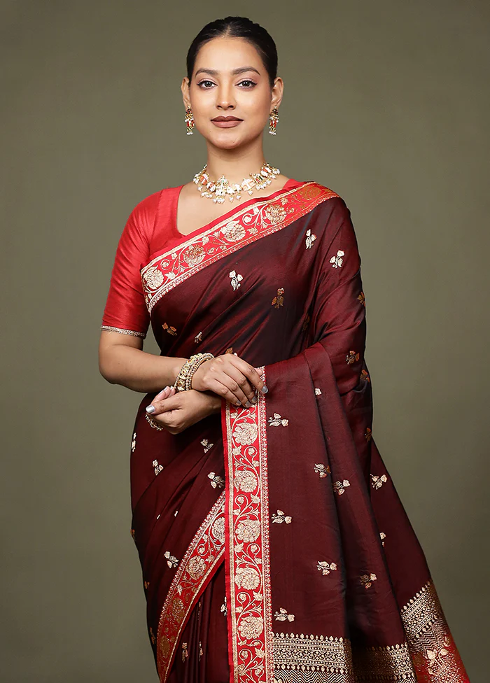 Maroon Banarasi Silk Saree With Blouse Piece