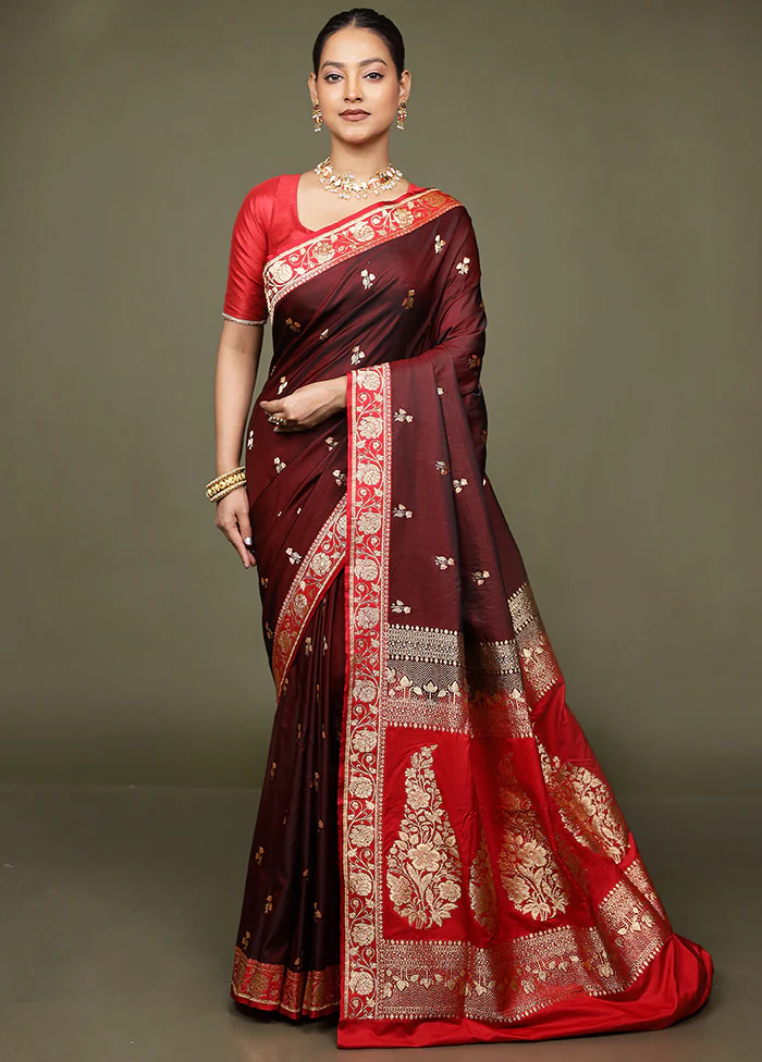 Maroon Banarasi Silk Saree With Blouse Piece - Image 2