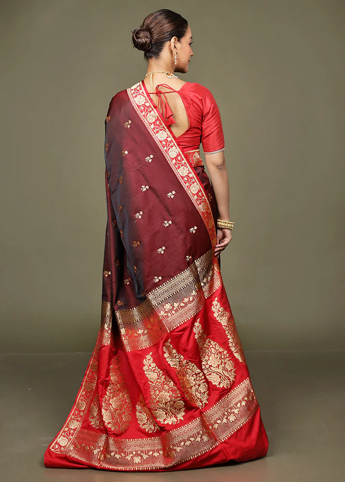Maroon Banarasi Silk Saree With Blouse Piece - Image 3