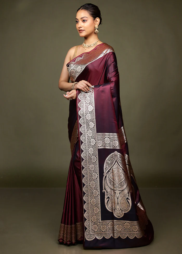 Maroon Banarasi Silk Saree With Blouse Piece - Image 4