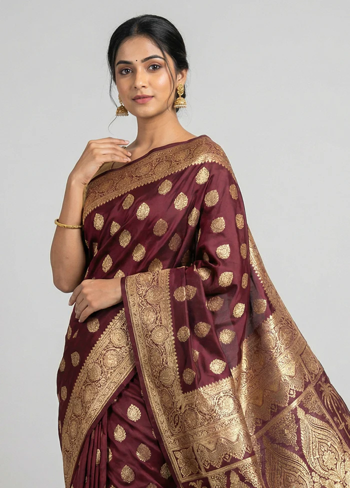 Maroon Banarasi Silk Saree With Blouse Piece - Image 2