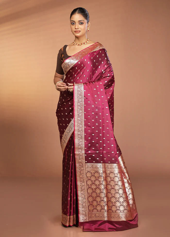 Maroon Banarasi Silk Saree With Blouse Piece - Image 2