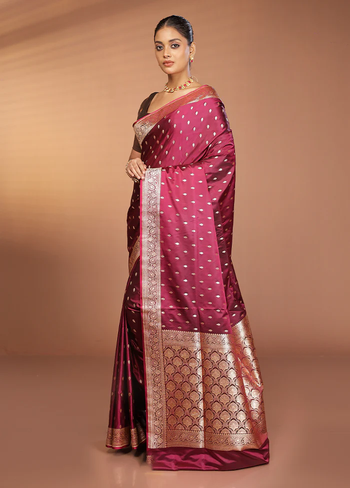 Maroon Banarasi Silk Saree With Blouse Piece - Image 4
