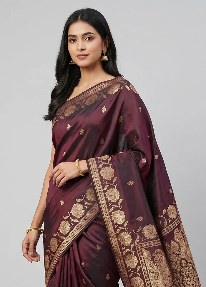 Maroon Banarasi Silk Saree With Blouse Piece - Image 2
