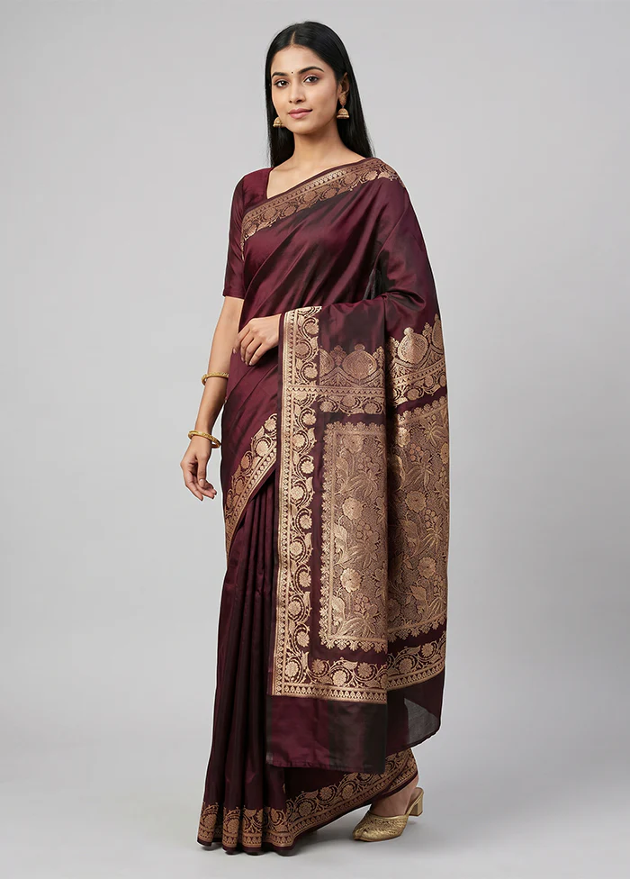 Maroon Banarasi Silk Saree With Blouse Piece