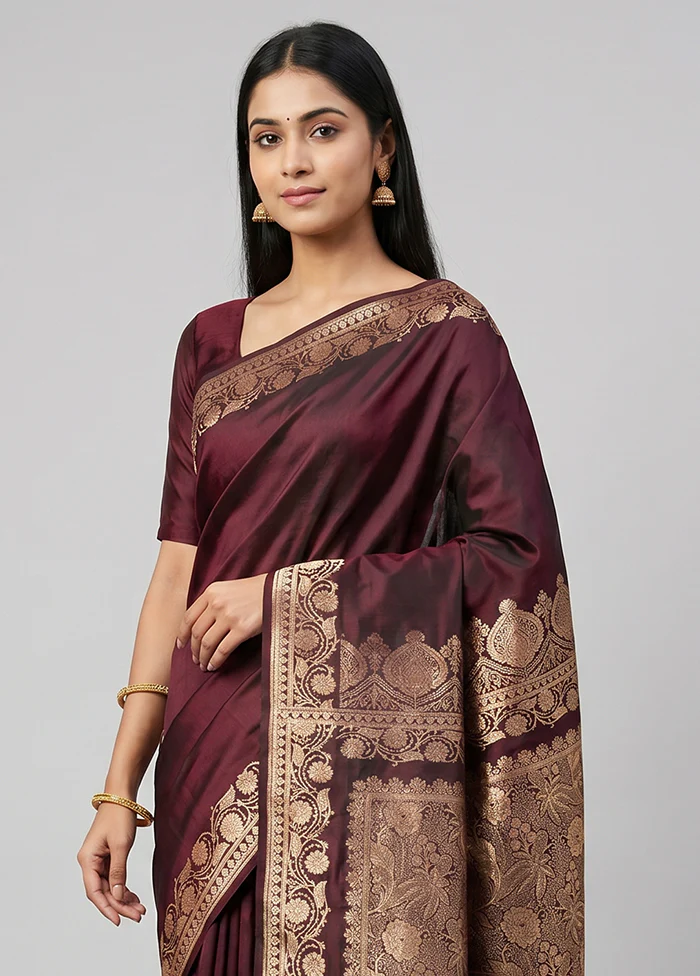 Maroon Banarasi Silk Saree With Blouse Piece - Image 2