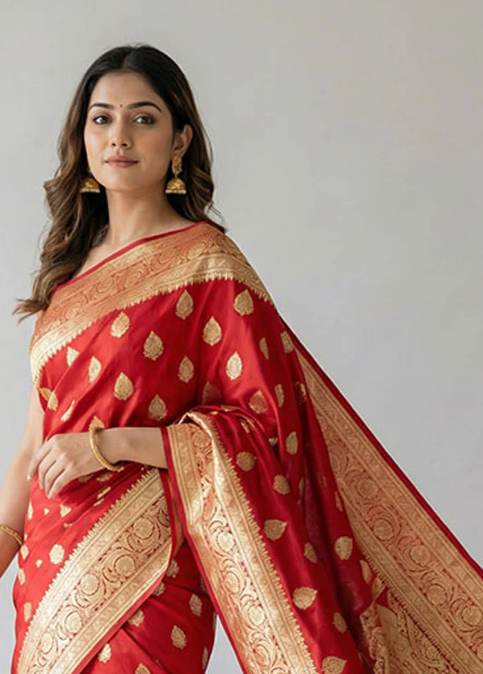 Maroon Banarasi Silk Saree With Blouse Piece - Image 2