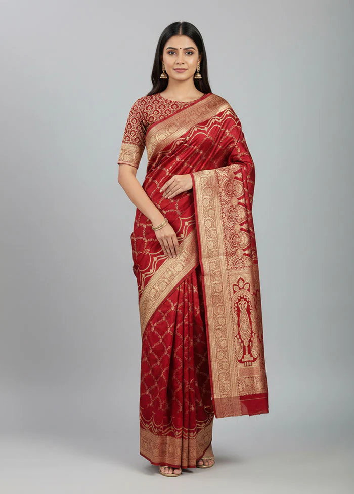 Maroon Banarasi Silk Saree With Blouse Piece